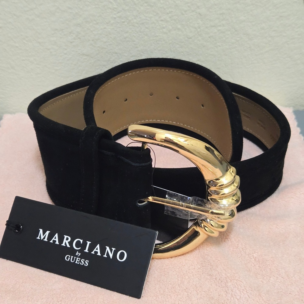 Marciano Belt Women OS Wide Suede Gold Buckle Glam Black Lamb Leather